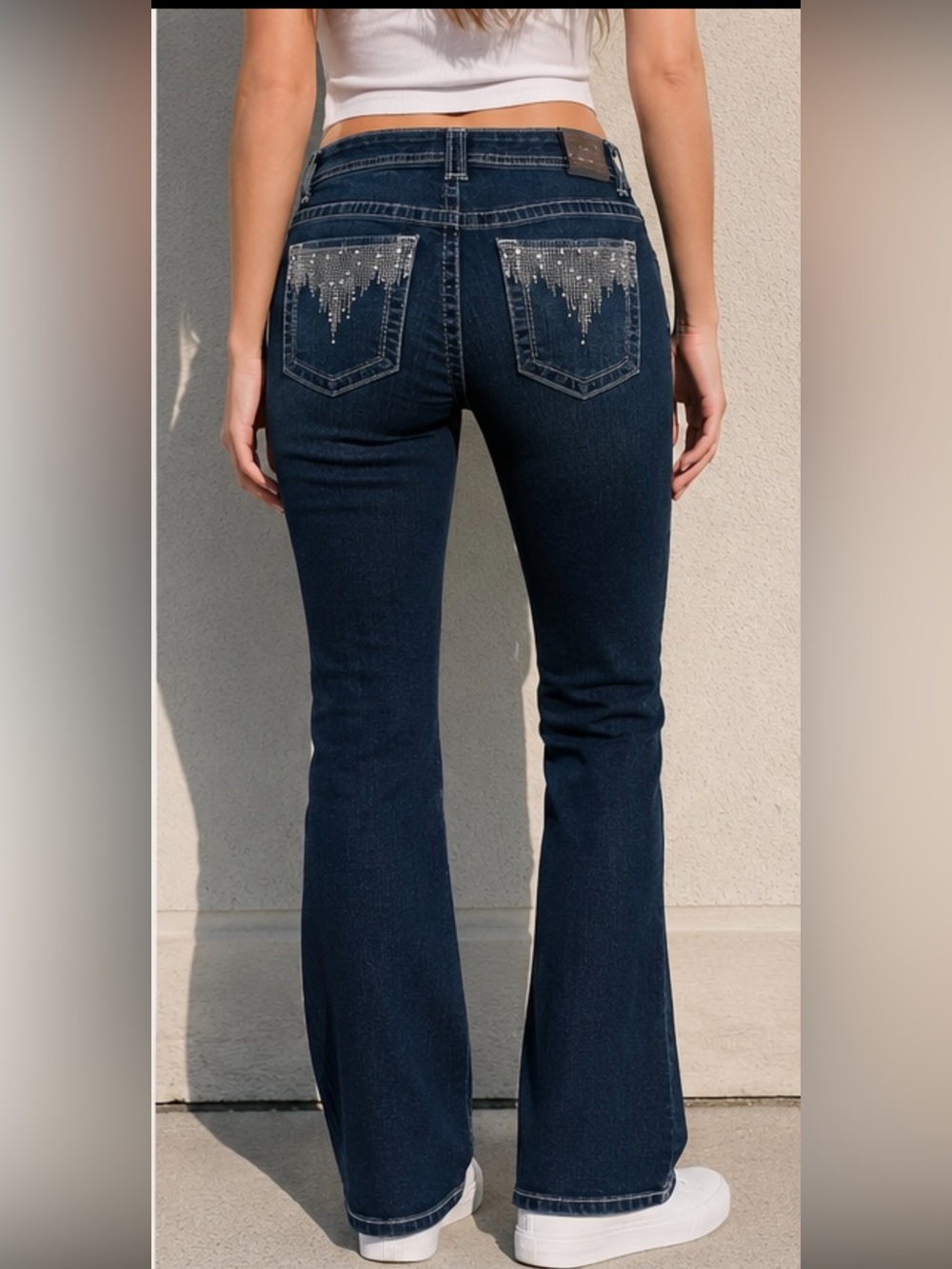 Apt. 9 Dark Indigo Bedazzled Pockets Y2K Flare Jeans Petite Size 10 Short